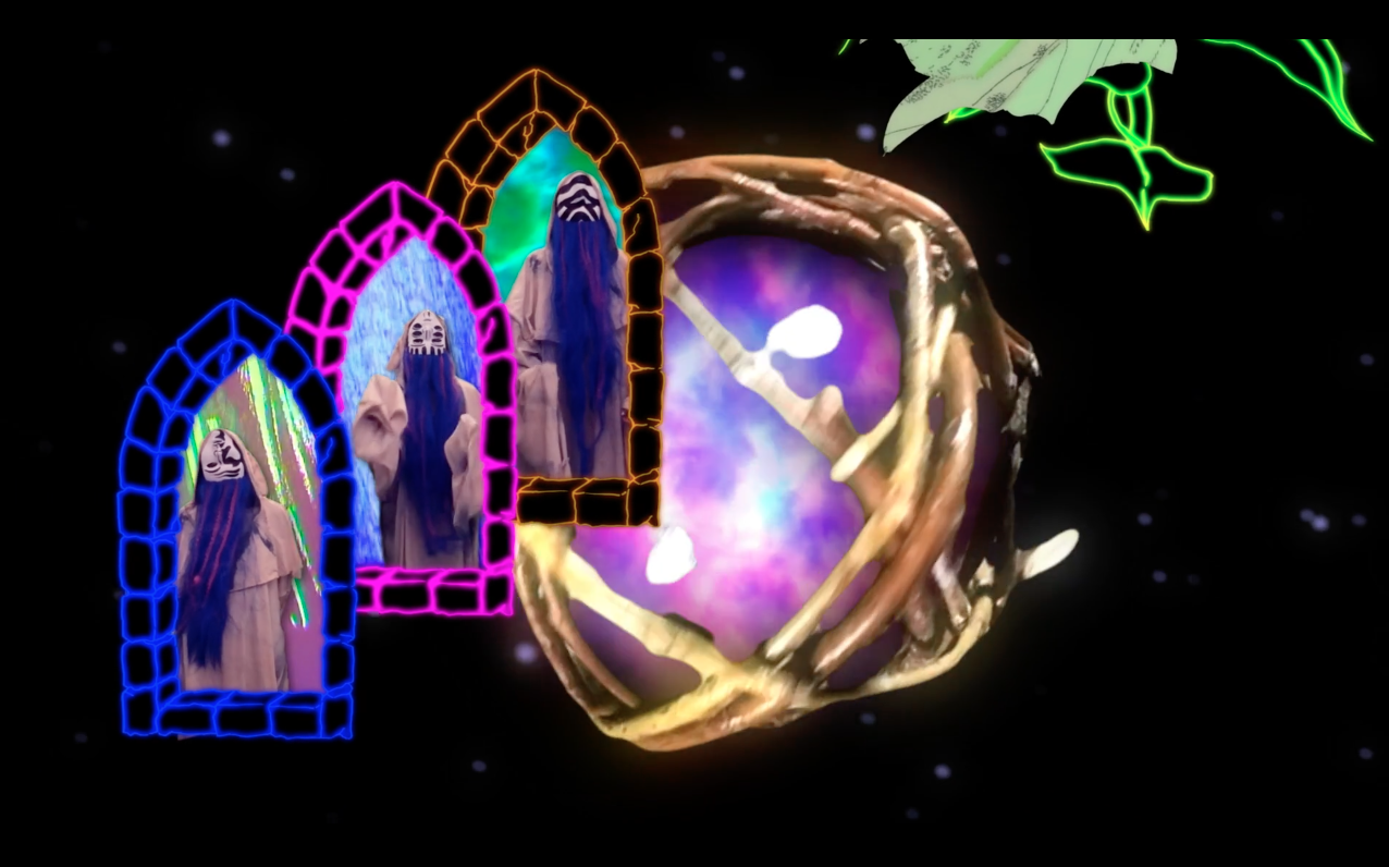 three portals show three figures in front of another portal appearing in a ball of string. All of this is on a black background