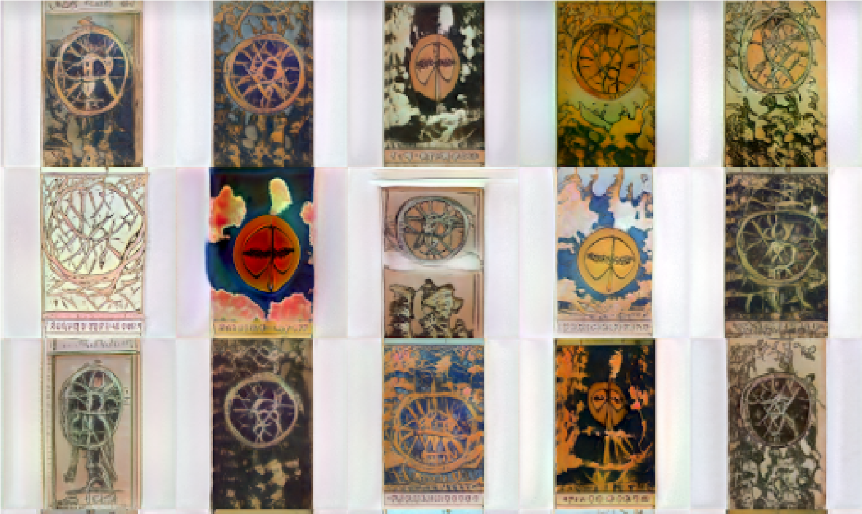 a grid image of several tarot cards illustrated by the artist